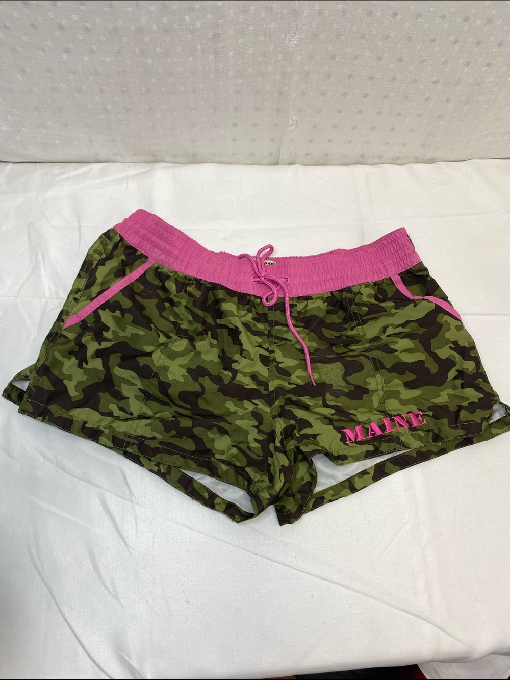 American Crown MAINE Women's Camo Athletic Shorts with Pink Waistband